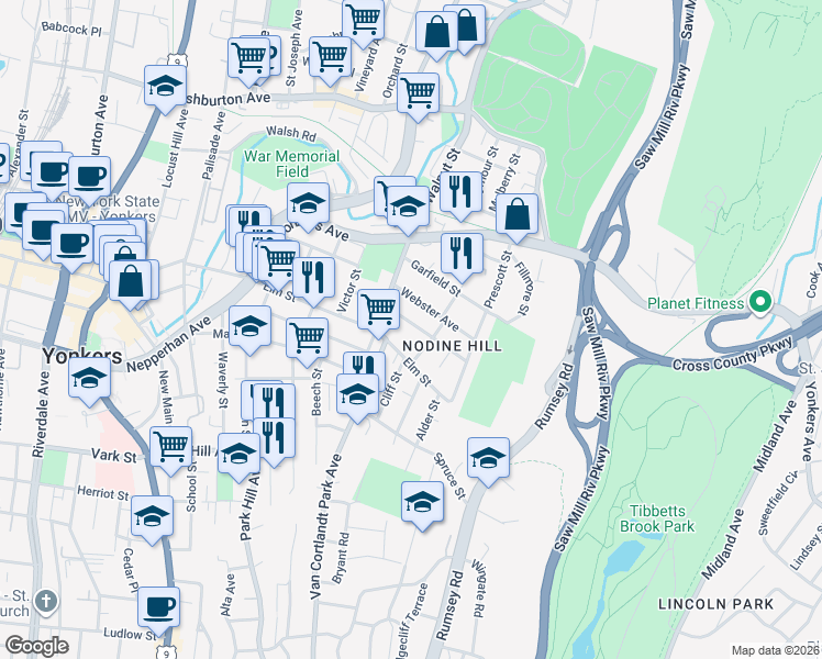 map of restaurants, bars, coffee shops, grocery stores, and more near 128 Oliver Avenue in Yonkers