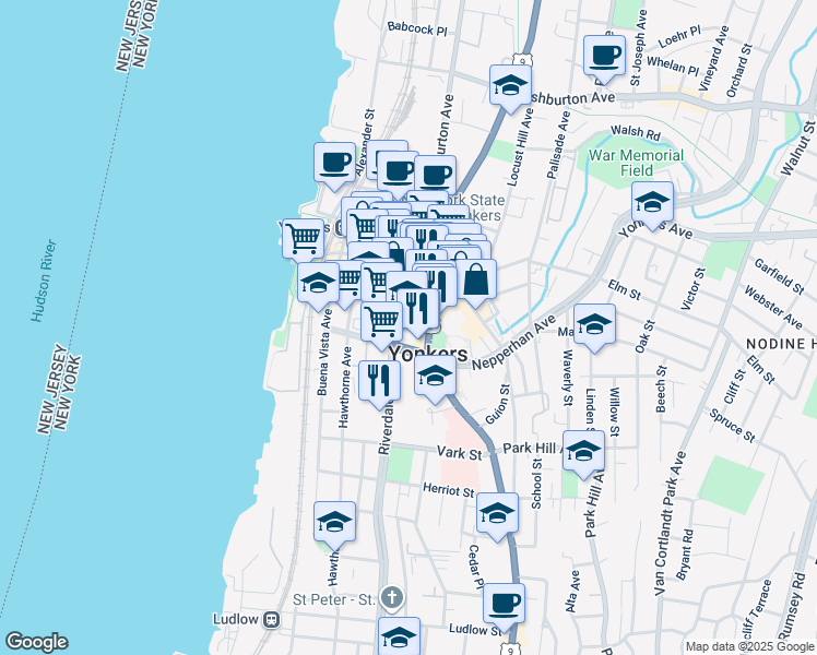 map of restaurants, bars, coffee shops, grocery stores, and more near 34 Riverdale Avenue in Yonkers