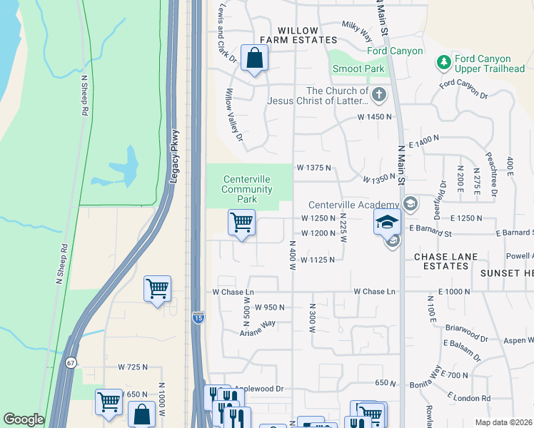 map of restaurants, bars, coffee shops, grocery stores, and more near 1229 North 450 West in Centerville