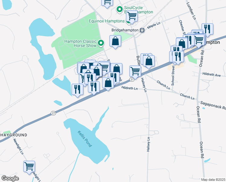 map of restaurants, bars, coffee shops, grocery stores, and more near 2113 Montauk Highway in Water Mill