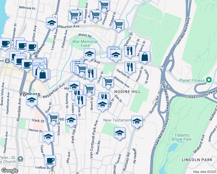 map of restaurants, bars, coffee shops, grocery stores, and more near 320 Walnut Street in Yonkers