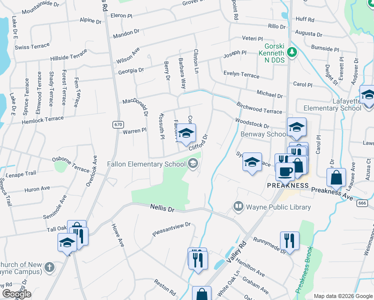 map of restaurants, bars, coffee shops, grocery stores, and more near 71 Clifford Drive in Wayne