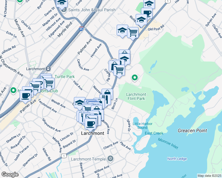 map of restaurants, bars, coffee shops, grocery stores, and more near 1450 Boston Post Road in Mamaroneck