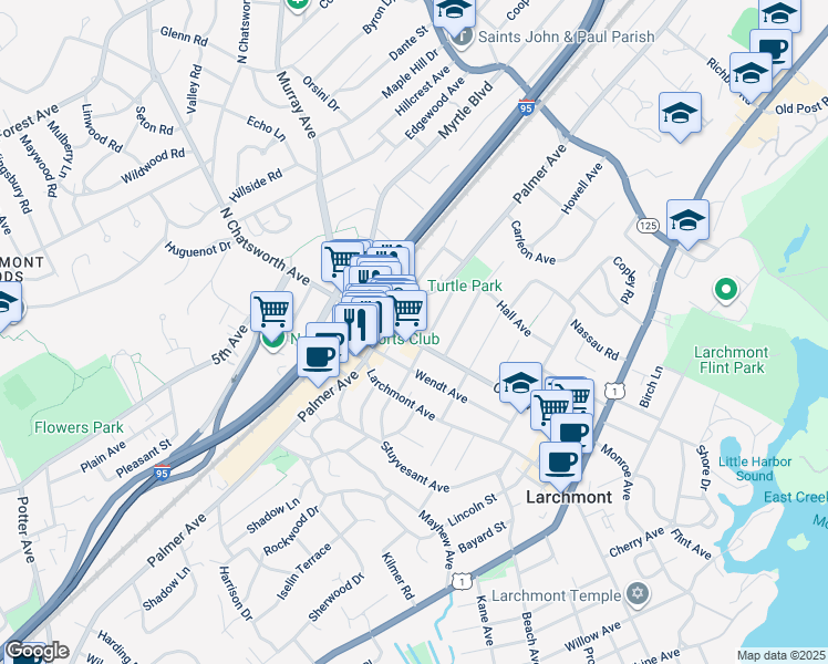 map of restaurants, bars, coffee shops, grocery stores, and more near 51 Wendt Avenue in Larchmont