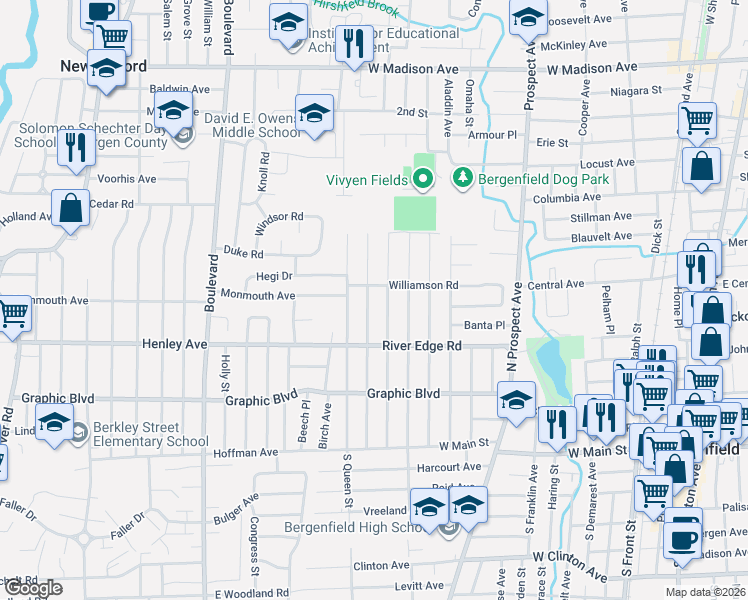 map of restaurants, bars, coffee shops, grocery stores, and more near 135 Woods Avenue in Bergenfield