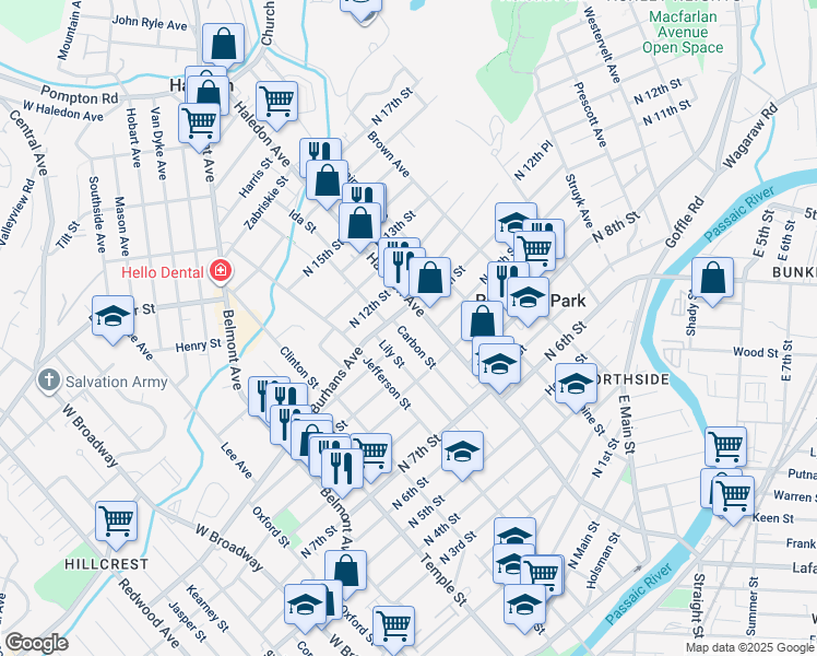 map of restaurants, bars, coffee shops, grocery stores, and more near 172 Carbon Street in Paterson