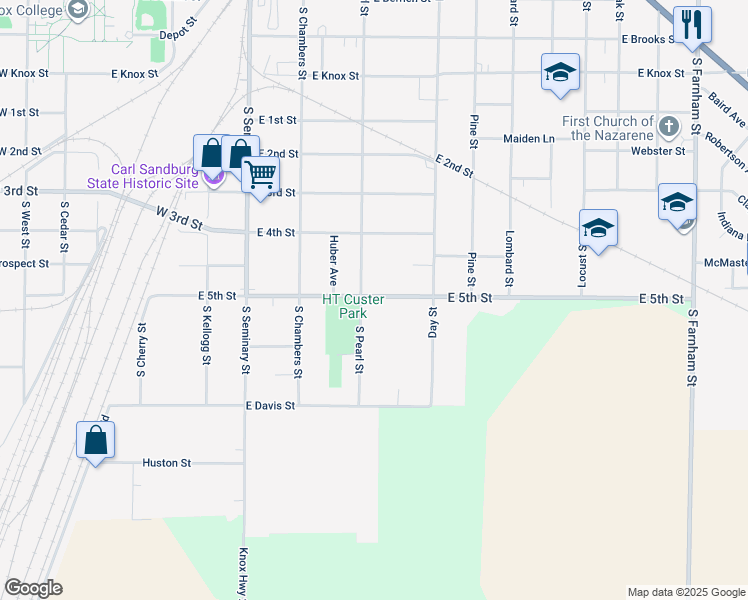 map of restaurants, bars, coffee shops, grocery stores, and more near 1201-1365 S Pearl St in Galesburg