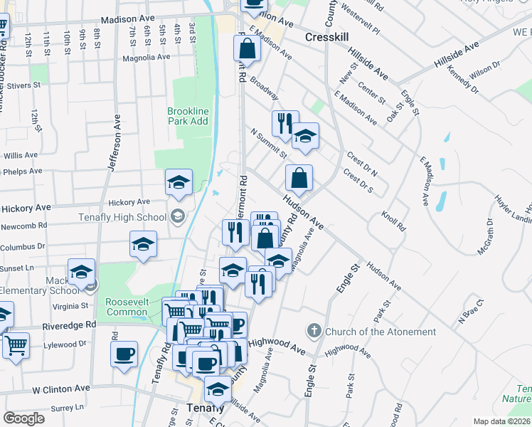map of restaurants, bars, coffee shops, grocery stores, and more near 195 County Road in Tenafly