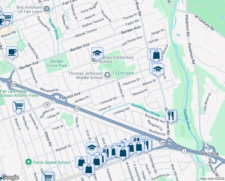 map of restaurants, bars, coffee shops, grocery stores, and more near 4-20 Karl Street in Fair Lawn