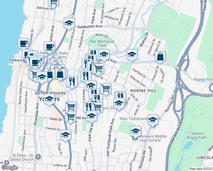 map of restaurants, bars, coffee shops, grocery stores, and more near 78 Oak Street in Yonkers