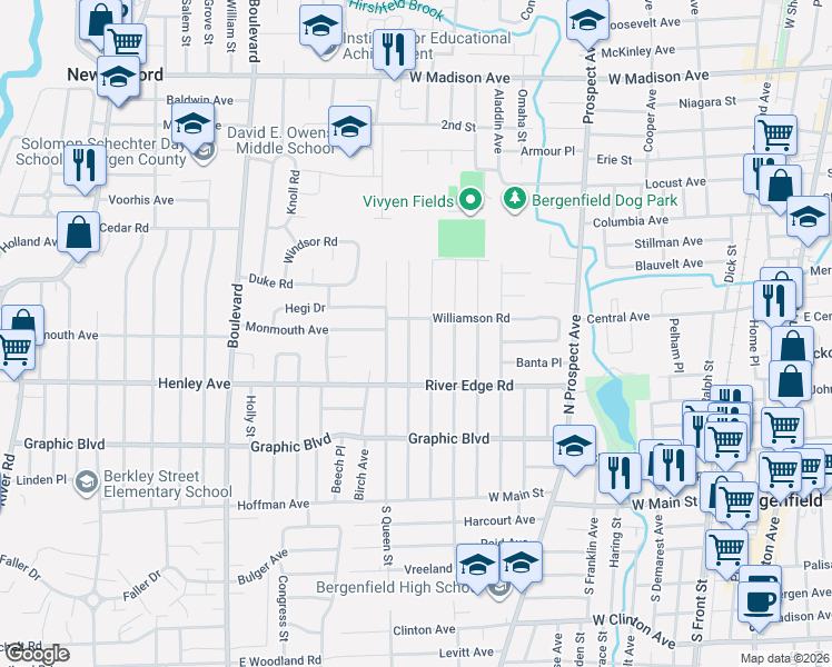 map of restaurants, bars, coffee shops, grocery stores, and more near 185 Woods Avenue in Bergenfield