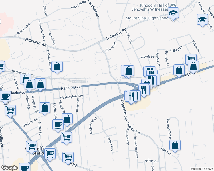 map of restaurants, bars, coffee shops, grocery stores, and more near 1437 Hallock Avenue in Port Jefferson Station