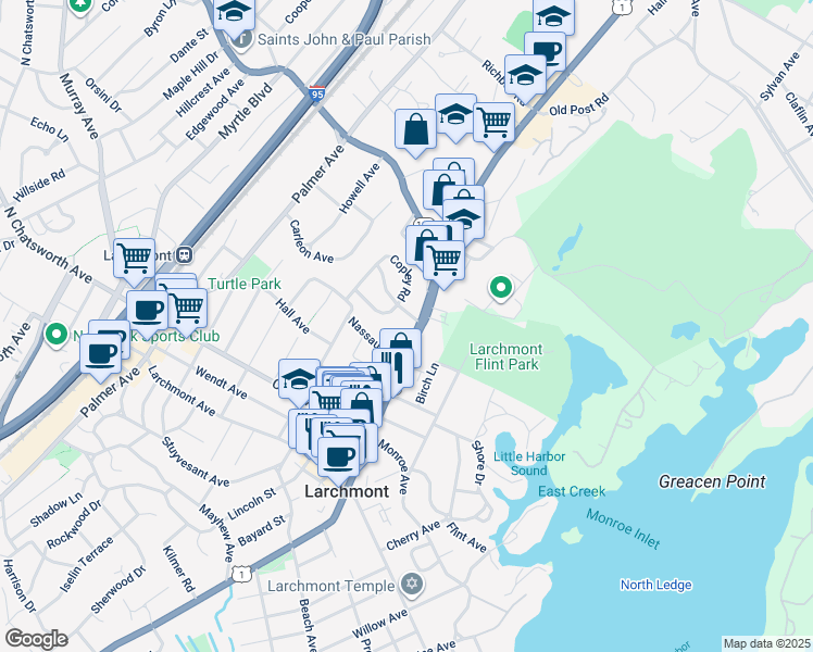map of restaurants, bars, coffee shops, grocery stores, and more near 11 Alden Road in Larchmont