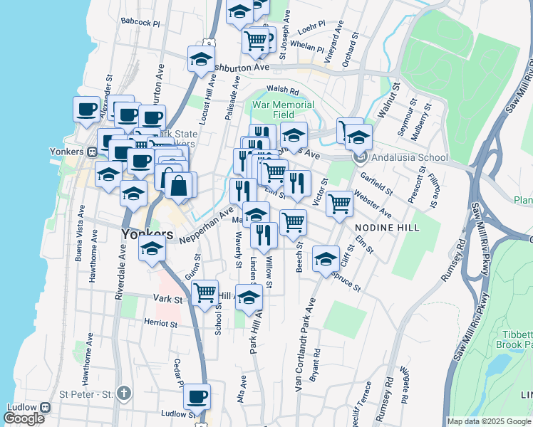 map of restaurants, bars, coffee shops, grocery stores, and more near 70 Linden Street in Yonkers