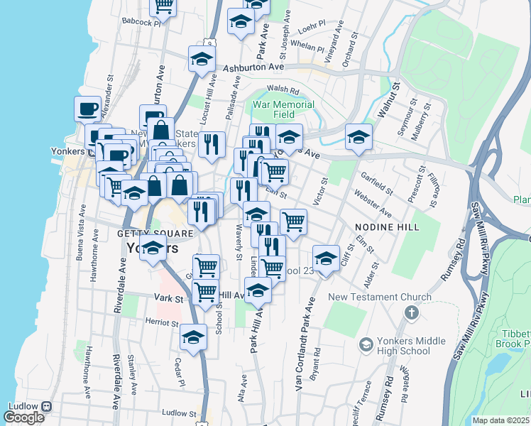map of restaurants, bars, coffee shops, grocery stores, and more near 70 Linden Street in Yonkers