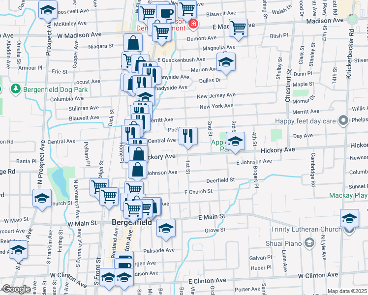 map of restaurants, bars, coffee shops, grocery stores, and more near 73 East Central Avenue in Bergenfield
