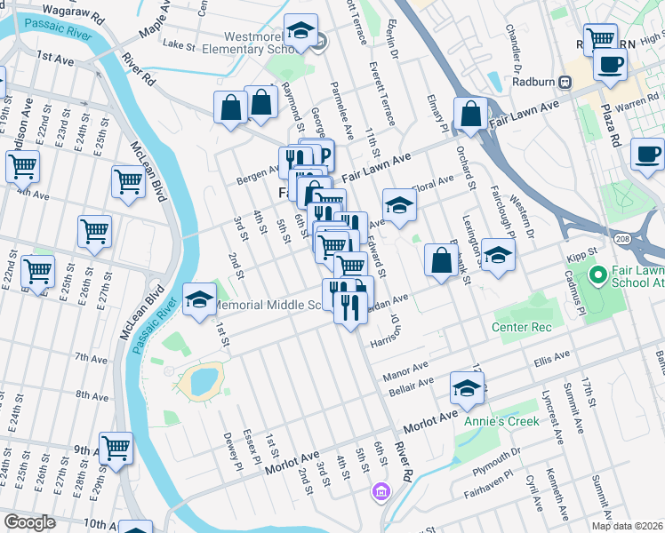 map of restaurants, bars, coffee shops, grocery stores, and more near 12-74 River Road in Fair Lawn