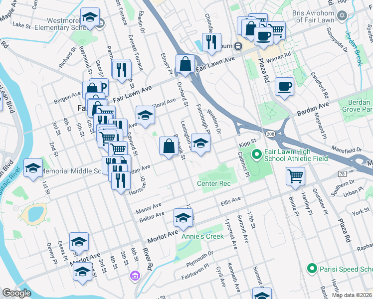 map of restaurants, bars, coffee shops, grocery stores, and more near 12-19 Lexington Street in Fair Lawn