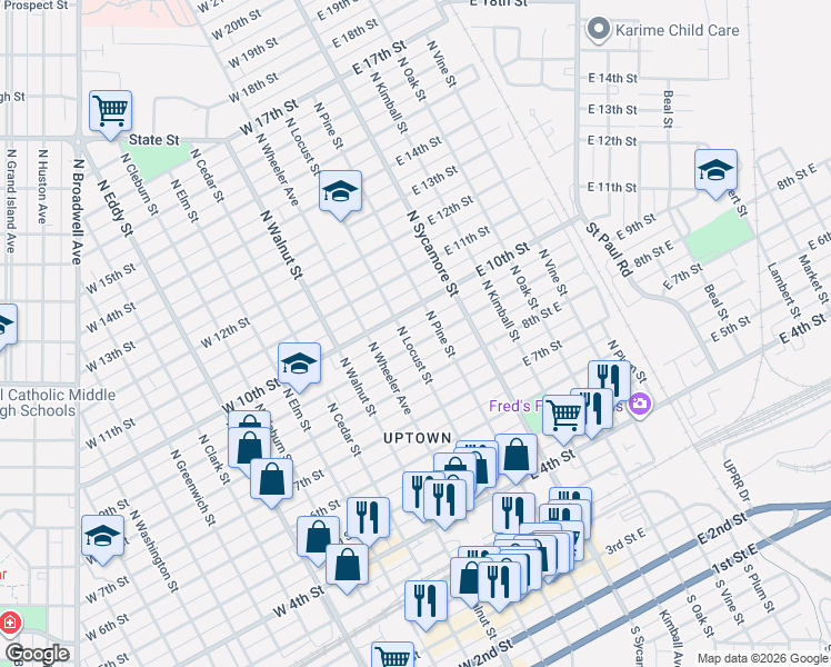 map of restaurants, bars, coffee shops, grocery stores, and more near 107 West 10th Street in Grand Island