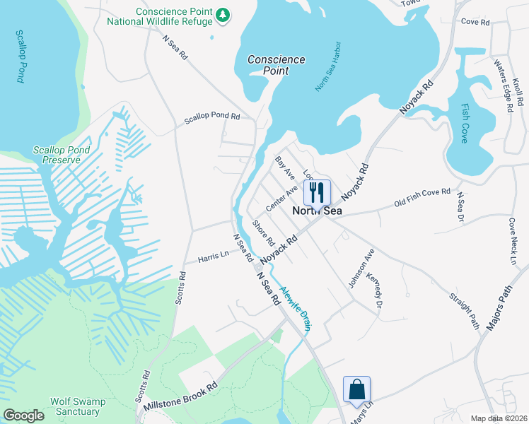 map of restaurants, bars, coffee shops, grocery stores, and more near 27 Center Avenue in Southampton