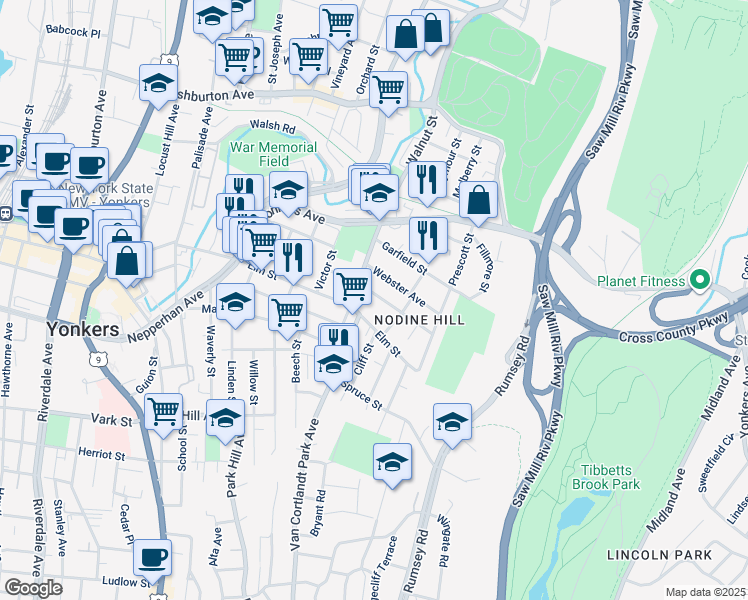 map of restaurants, bars, coffee shops, grocery stores, and more near 336 Walnut Street in Yonkers