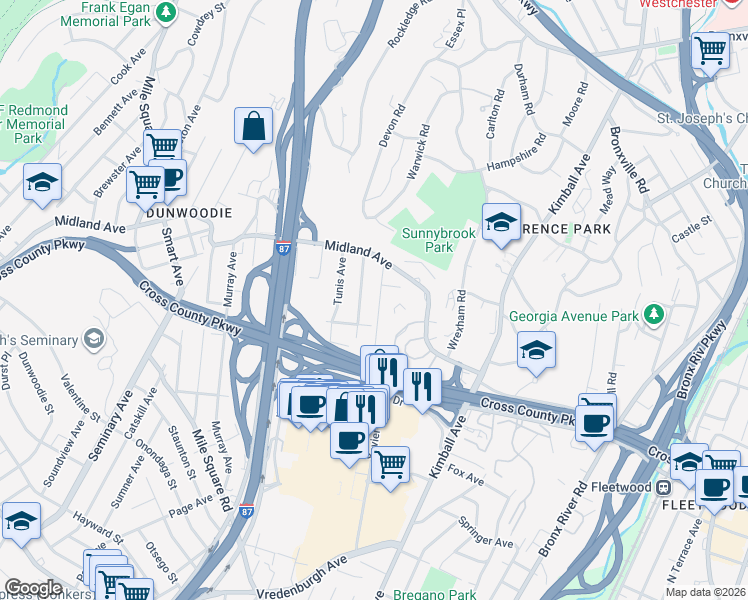 map of restaurants, bars, coffee shops, grocery stores, and more near 37 Noble Avenue in Yonkers
