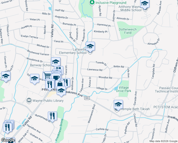 map of restaurants, bars, coffee shops, grocery stores, and more near 11 Lawrence Road in Wayne