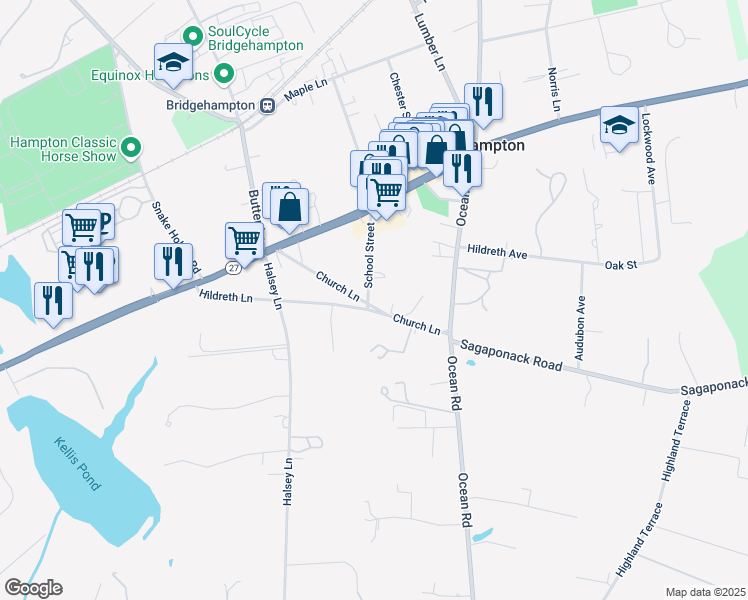 map of restaurants, bars, coffee shops, grocery stores, and more near 7 School Street in East Hampton