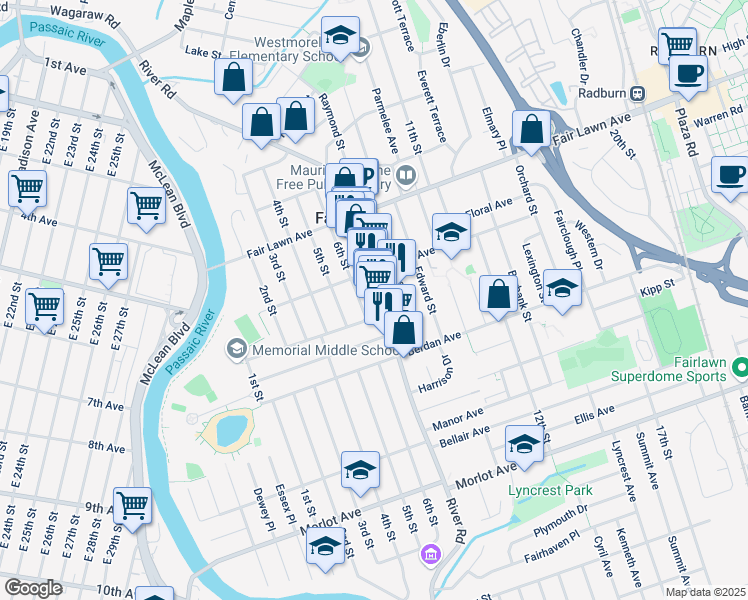 map of restaurants, bars, coffee shops, grocery stores, and more near 12-74 River Road in Fair Lawn