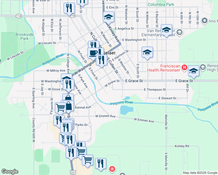 map of restaurants, bars, coffee shops, grocery stores, and more near 200-298 W Grace St in Rensselaer