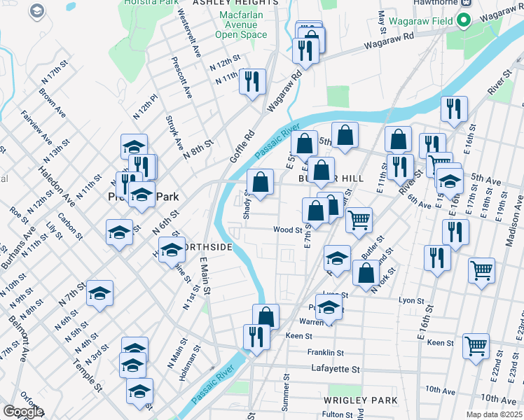 map of restaurants, bars, coffee shops, grocery stores, and more near 2-98 Peel St in Paterson