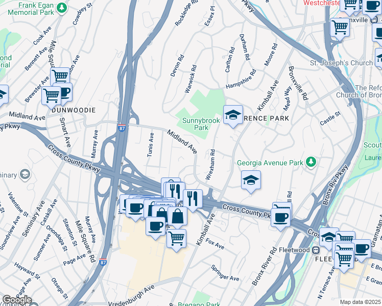 map of restaurants, bars, coffee shops, grocery stores, and more near 1160 Midland Avenue in Bronxville