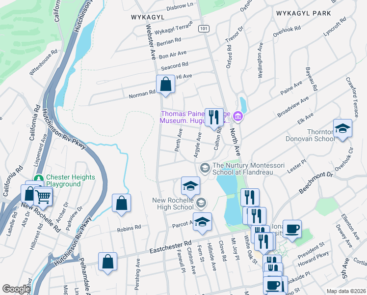 map of restaurants, bars, coffee shops, grocery stores, and more near 50 Inverness Road in New Rochelle