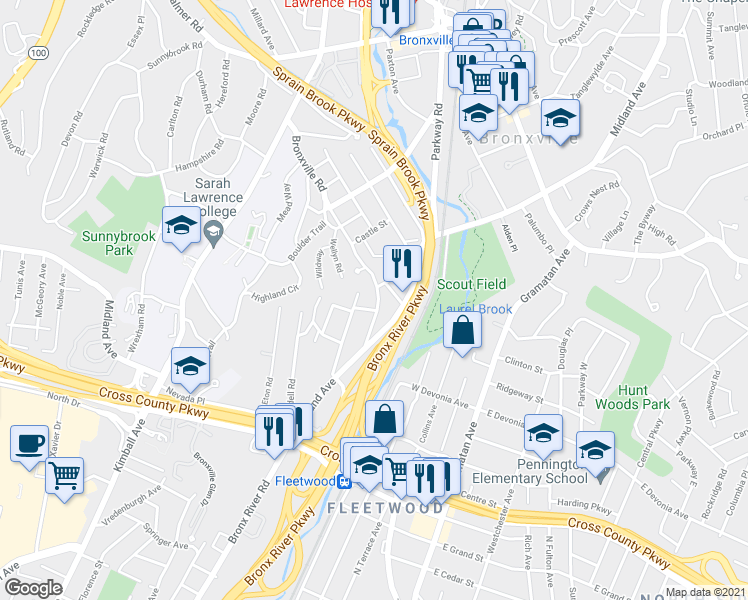 map of restaurants, bars, coffee shops, grocery stores, and more near 81 Bronxville Road in Yonkers