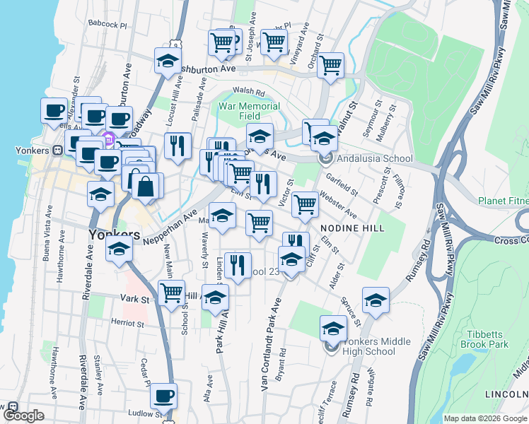 map of restaurants, bars, coffee shops, grocery stores, and more near in Yonkers
