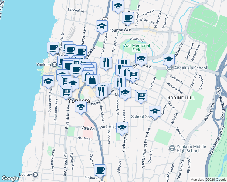 map of restaurants, bars, coffee shops, grocery stores, and more near 159 Nepperhan Avenue in Yonkers