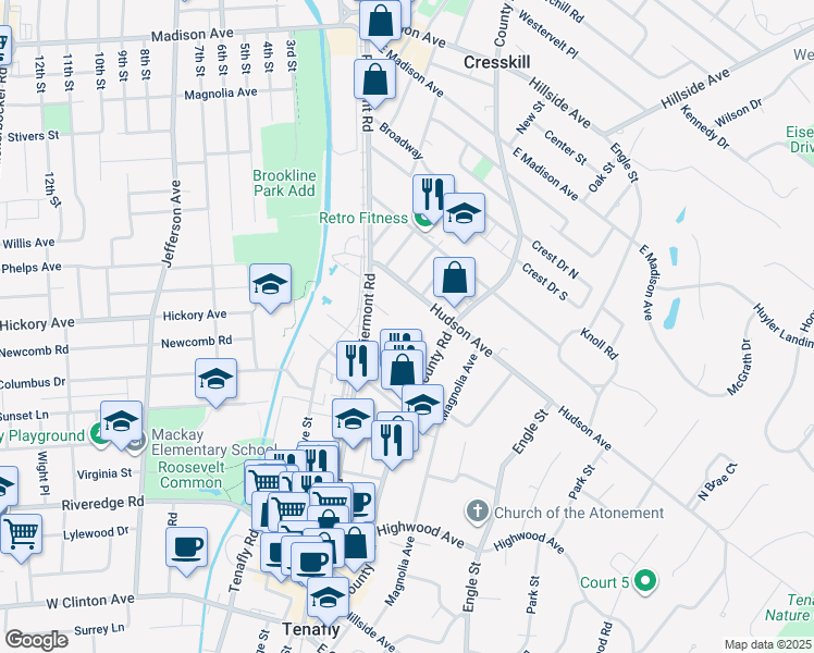 map of restaurants, bars, coffee shops, grocery stores, and more near 64 Hudson Avenue in Tenafly