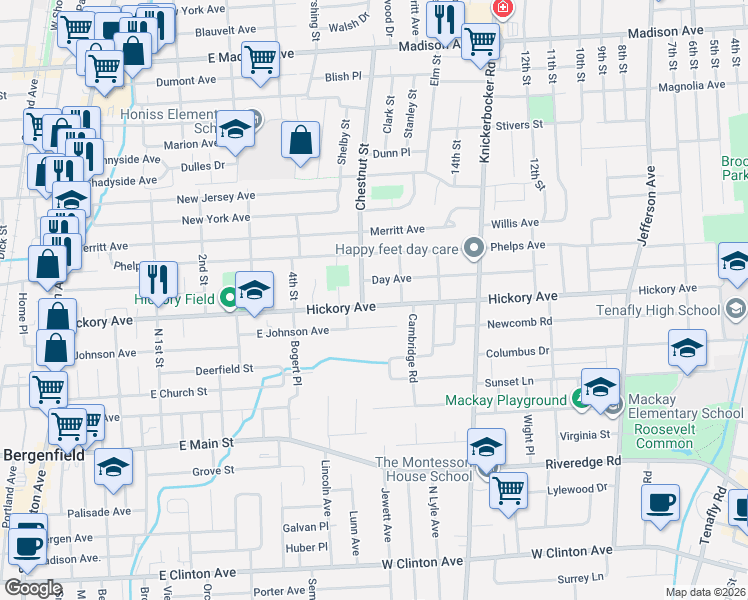 map of restaurants, bars, coffee shops, grocery stores, and more near 38 Day Avenue in Bergenfield