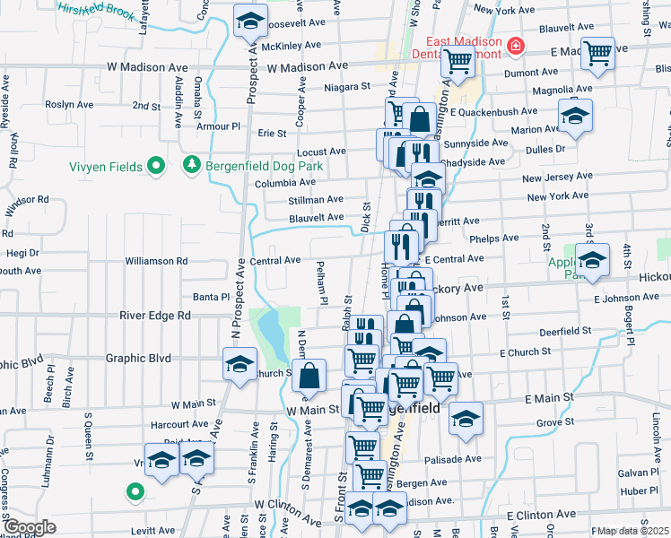 map of restaurants, bars, coffee shops, grocery stores, and more near 95 West Central Avenue in Bergenfield