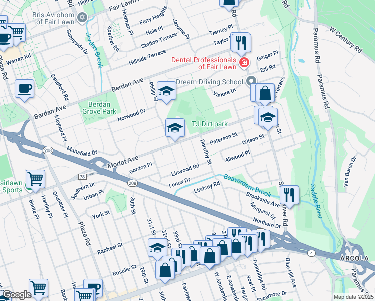 map of restaurants, bars, coffee shops, grocery stores, and more near 37-02 Morlot Avenue in Fair Lawn