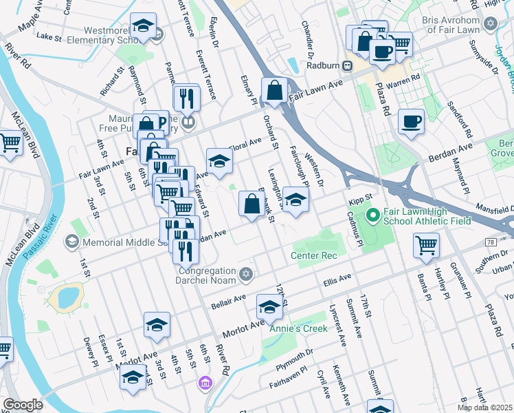 map of restaurants, bars, coffee shops, grocery stores, and more near 12-32 Burbank Street in Fair Lawn