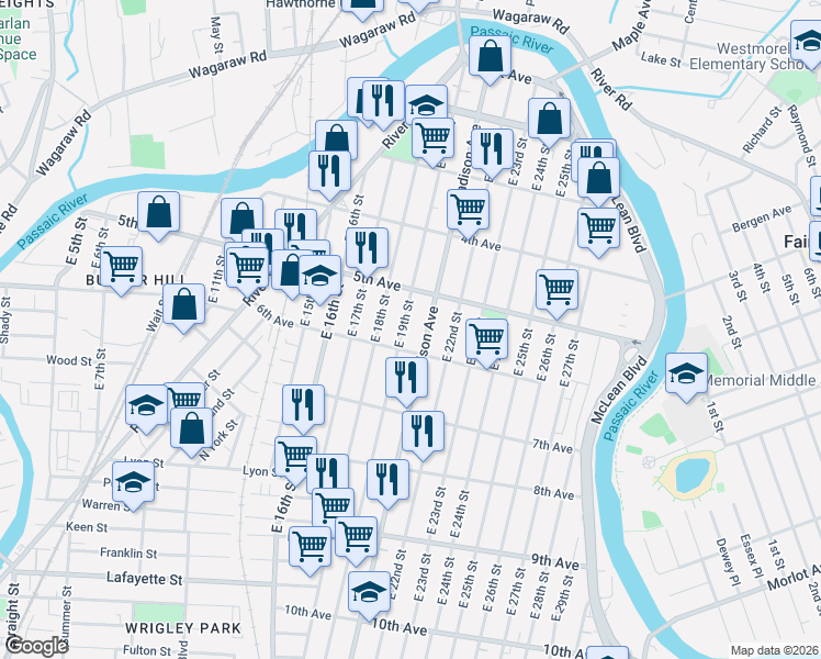 map of restaurants, bars, coffee shops, grocery stores, and more near 210 Madison Avenue in Paterson