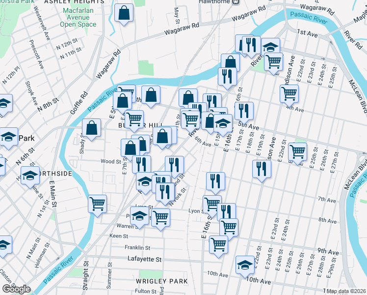 map of restaurants, bars, coffee shops, grocery stores, and more near 199 6th Avenue in Paterson