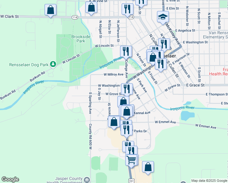 map of restaurants, bars, coffee shops, grocery stores, and more near 701-799 West Washington Street in Rensselaer