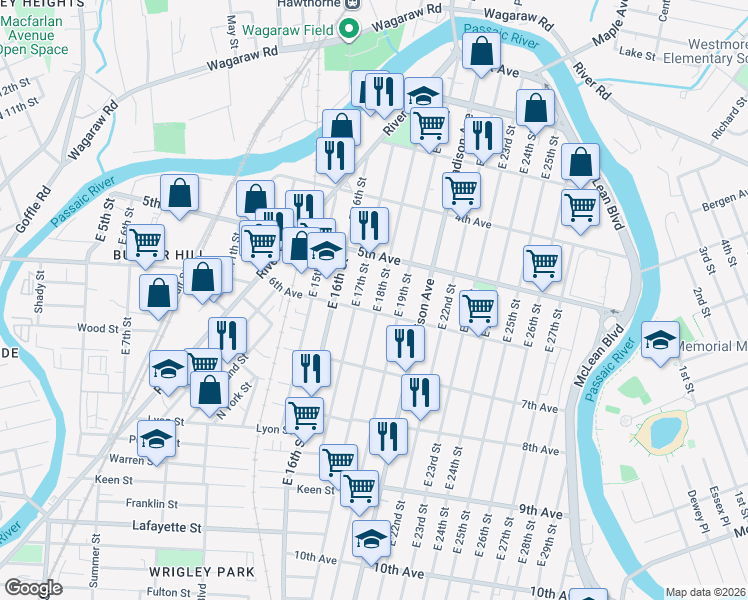 map of restaurants, bars, coffee shops, grocery stores, and more near 191 East 18th Street in Paterson