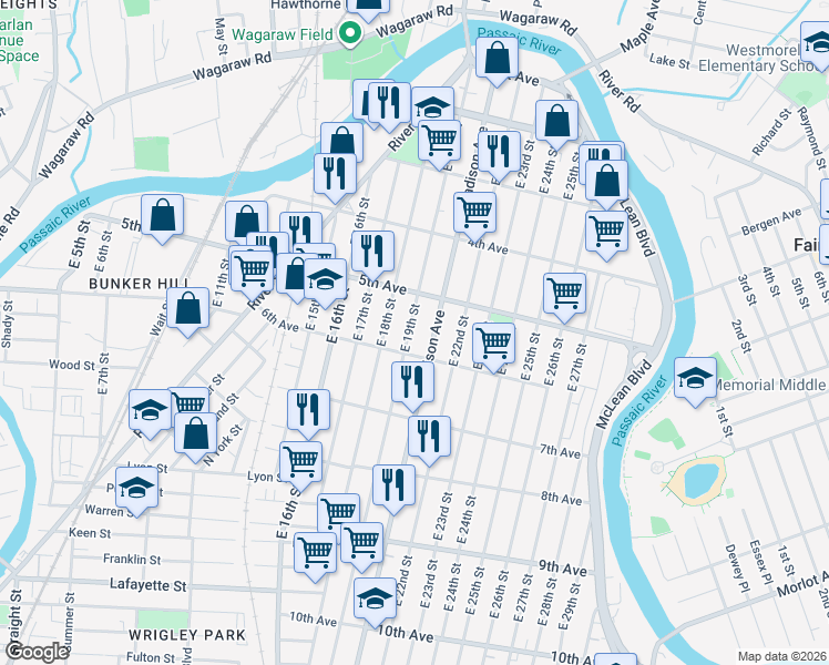 map of restaurants, bars, coffee shops, grocery stores, and more near 210 Madison Avenue in Paterson