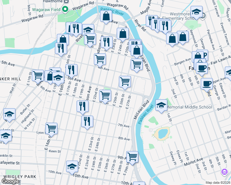 map of restaurants, bars, coffee shops, grocery stores, and more near 389 5th Avenue in Paterson