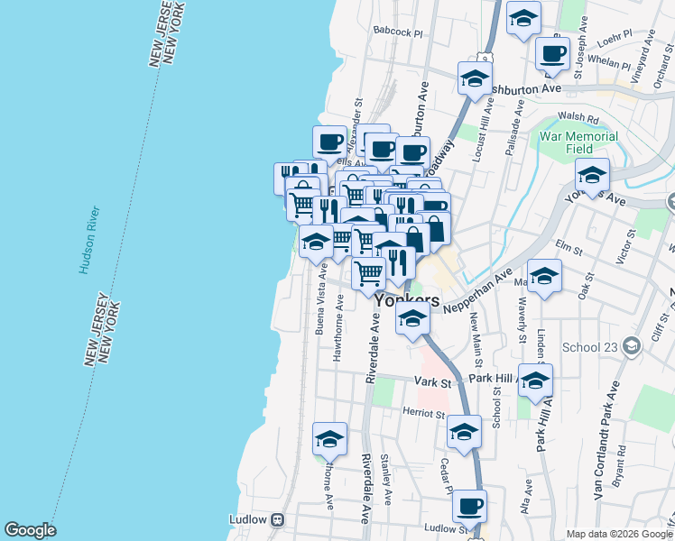 map of restaurants, bars, coffee shops, grocery stores, and more near 7 Hawthorne Avenue in Yonkers