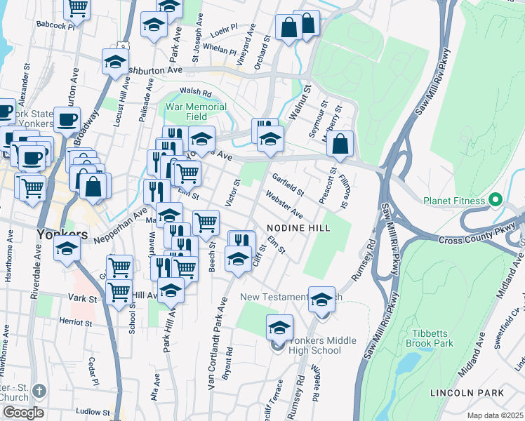 map of restaurants, bars, coffee shops, grocery stores, and more near 114 Oliver Avenue in Yonkers