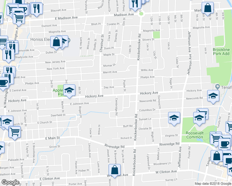 map of restaurants, bars, coffee shops, grocery stores, and more near 287 Hickory Avenue in Tenafly